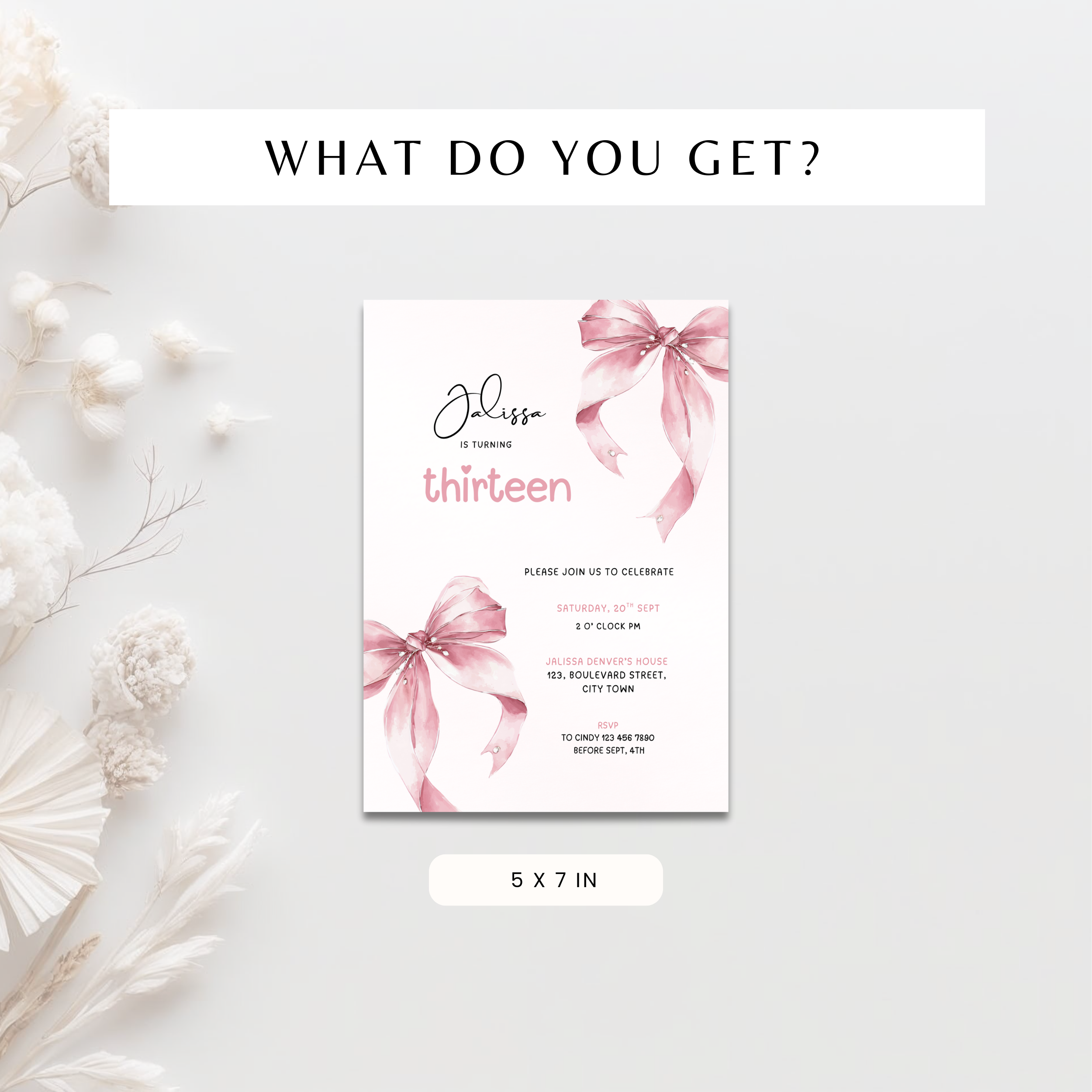 Pink Bow Watercolor 13th Birthday Invitation