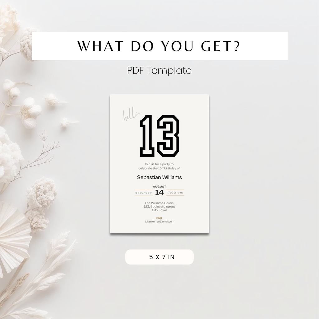 What do you get? 5 x 7 inch printable and editable invitation template for 13th birthday invite