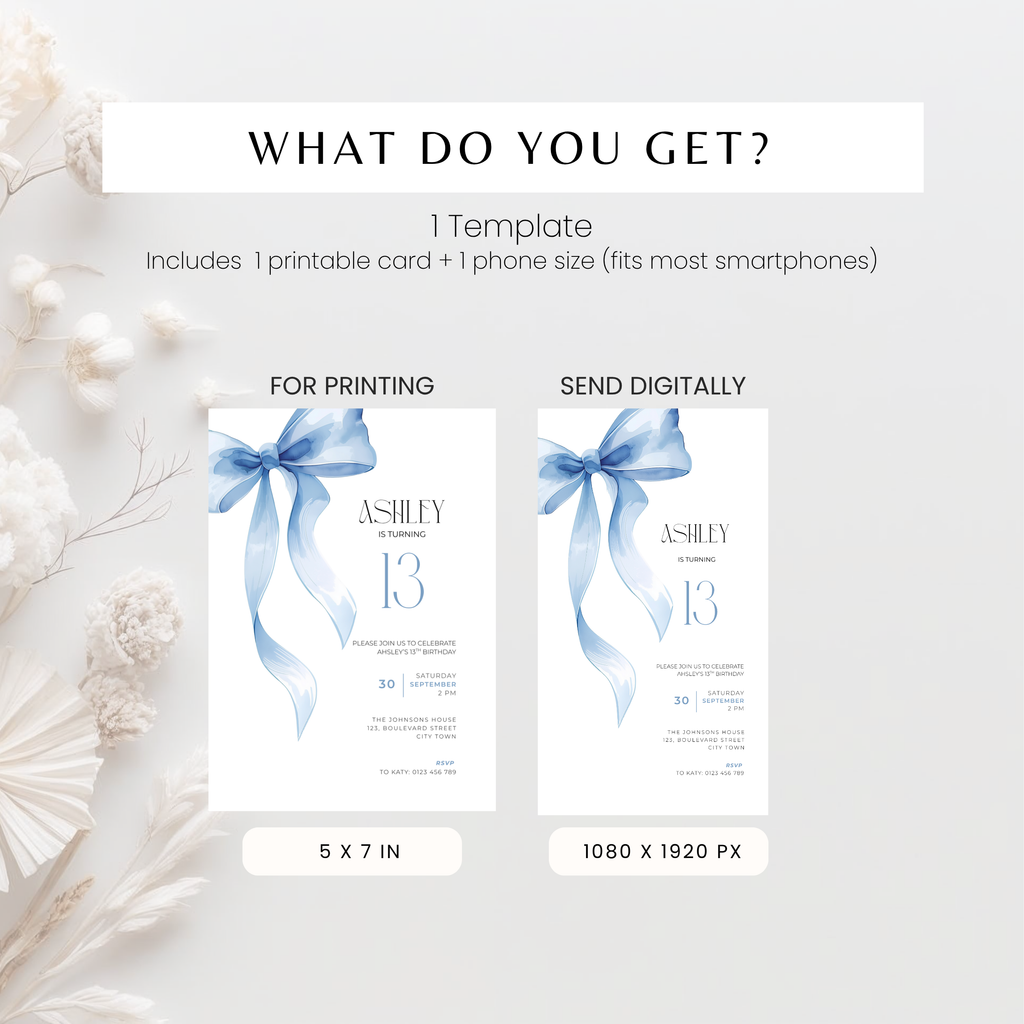 Blue Bow 13th Birthday Invitation Girls