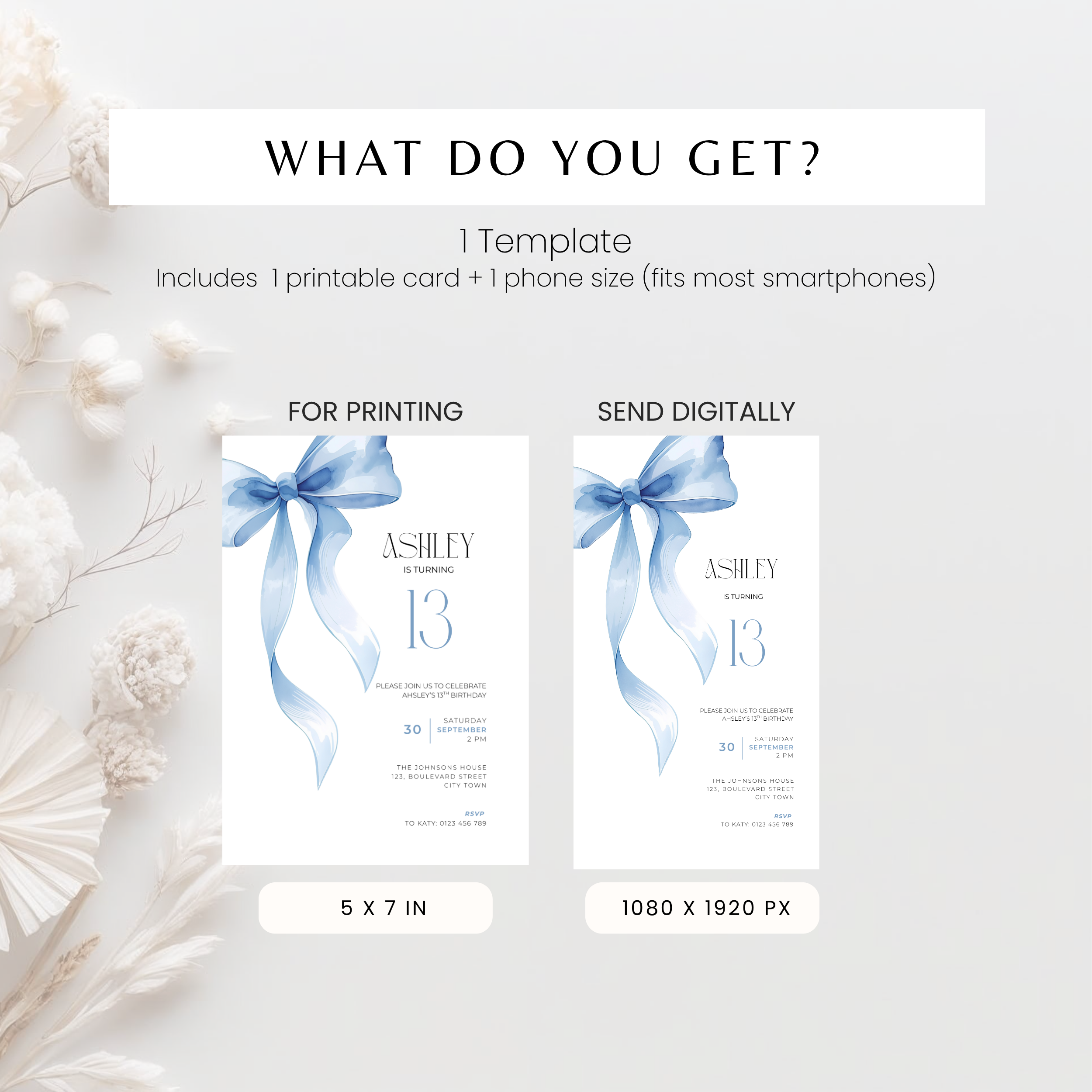 Blue Bow 13th Birthday Invitation Girls
