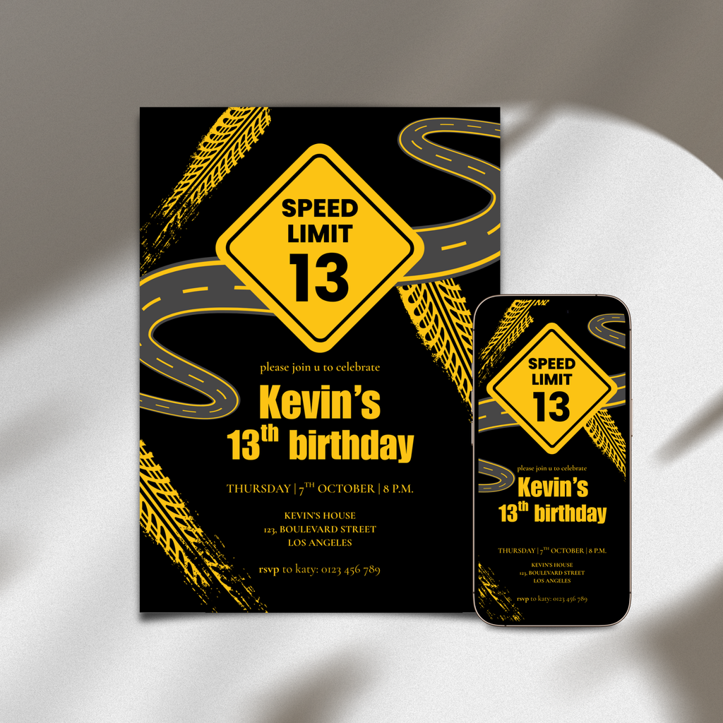 Road speed limit 13th birthday invitation template for boys