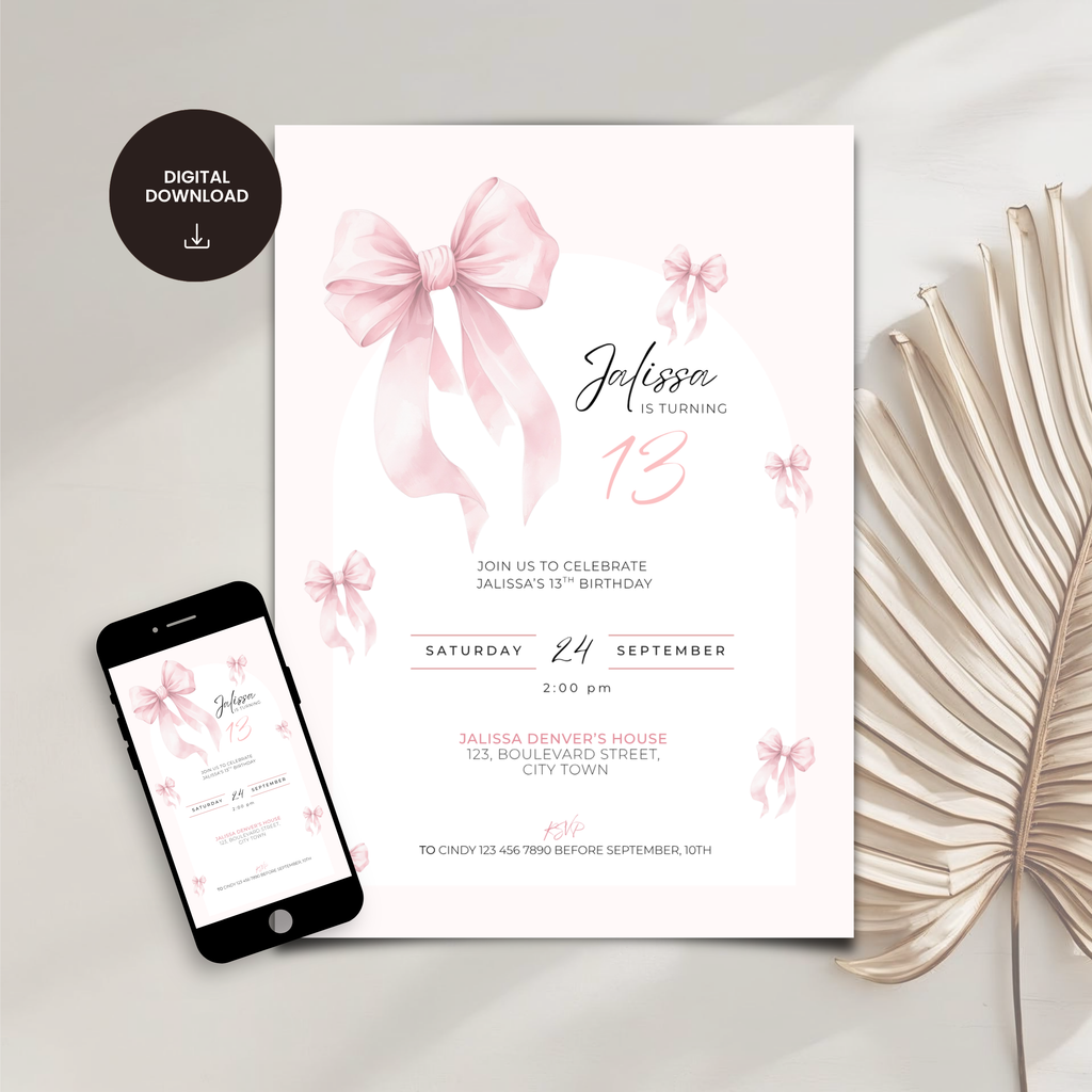Pink Bow Coquette 13th Birthday Invitation Girls