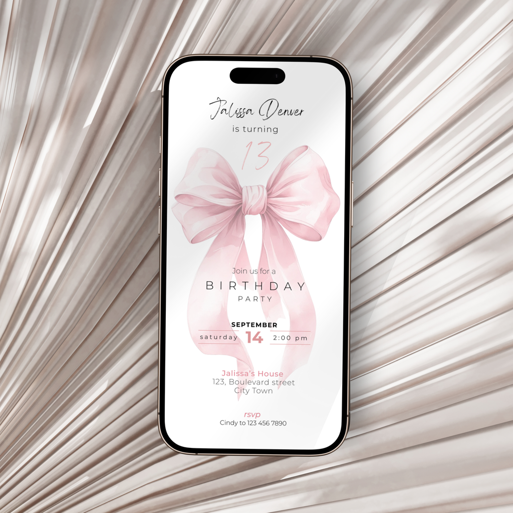 Watercolor pink bow mobile 13th birthday invitation template preview, editable in Canva
