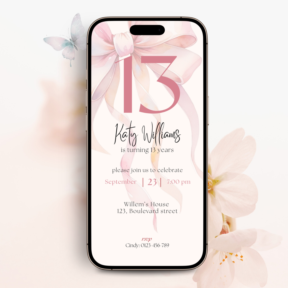 Pink bow 13th birthday mobile invitation template shown on a smartphone screen