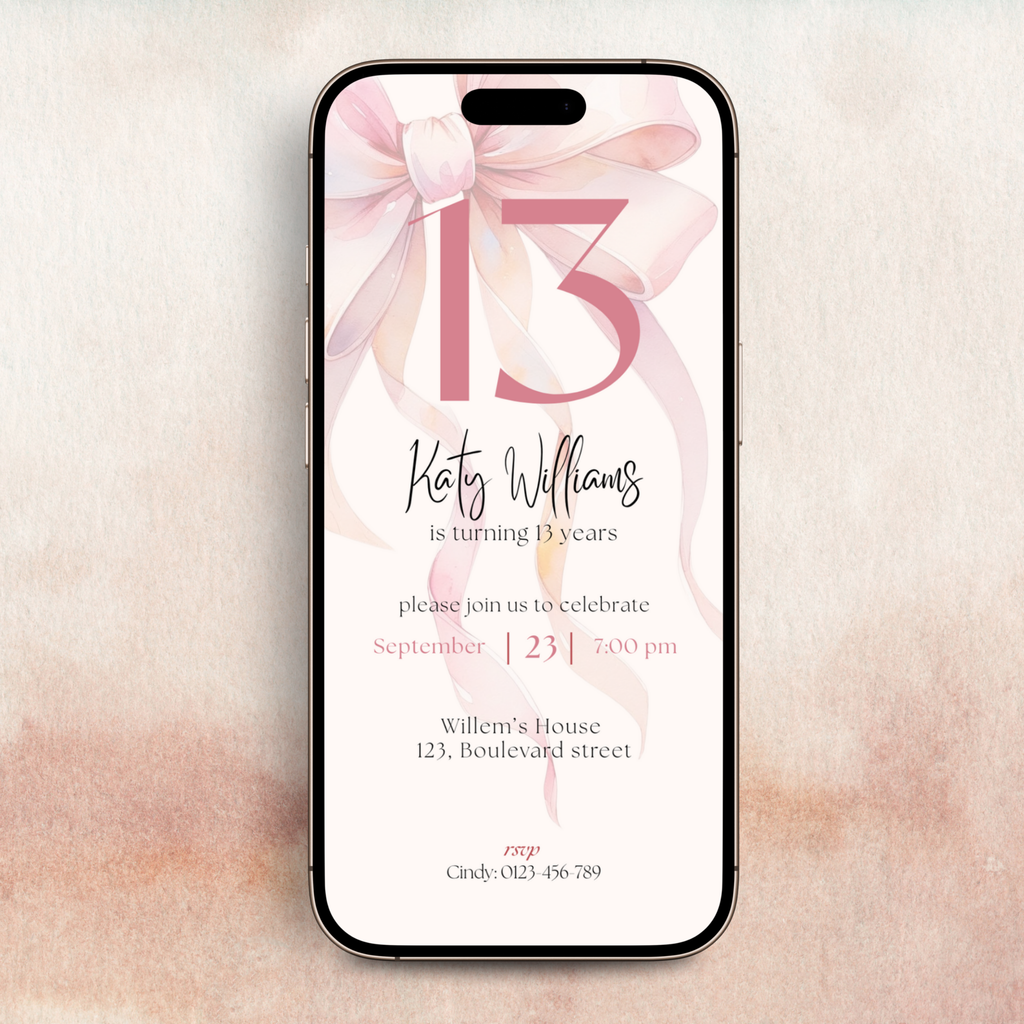 Pink bow 13th birthday mobile invitation template shown on a smartphone screen