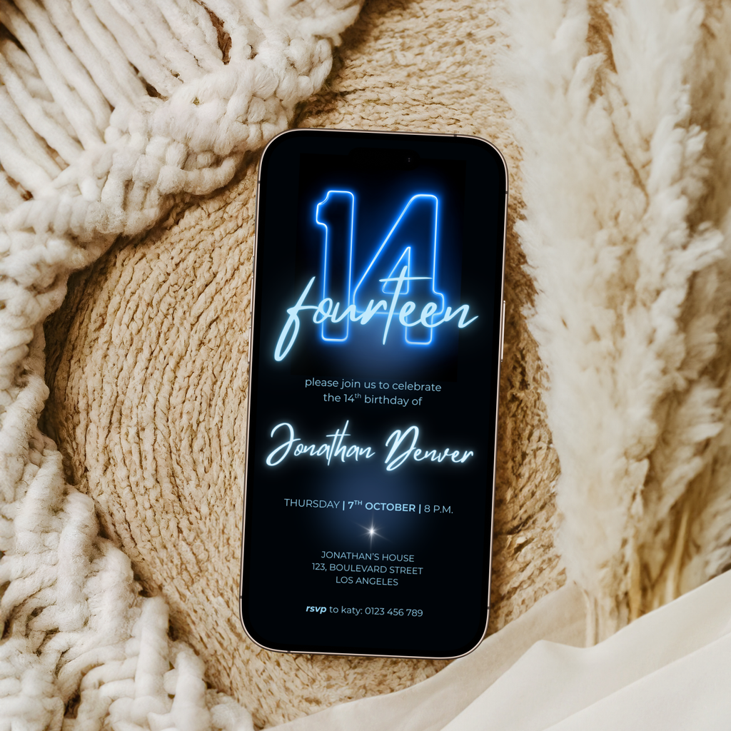Blue Neon Glow 14th Birthday Invitation
