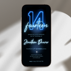 Blue Neon Glow 14th Birthday Invitation