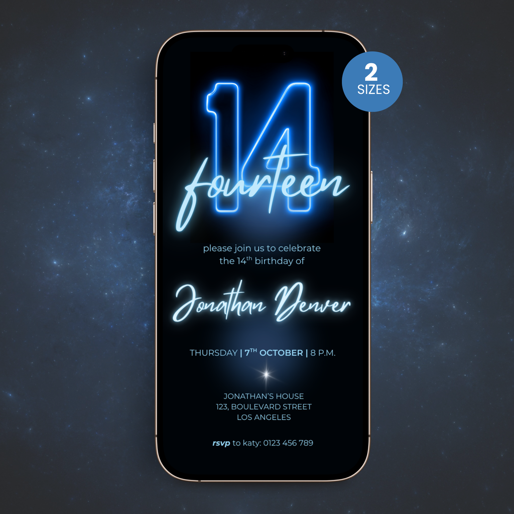 Blue Neon Glow 14th Birthday Invitation