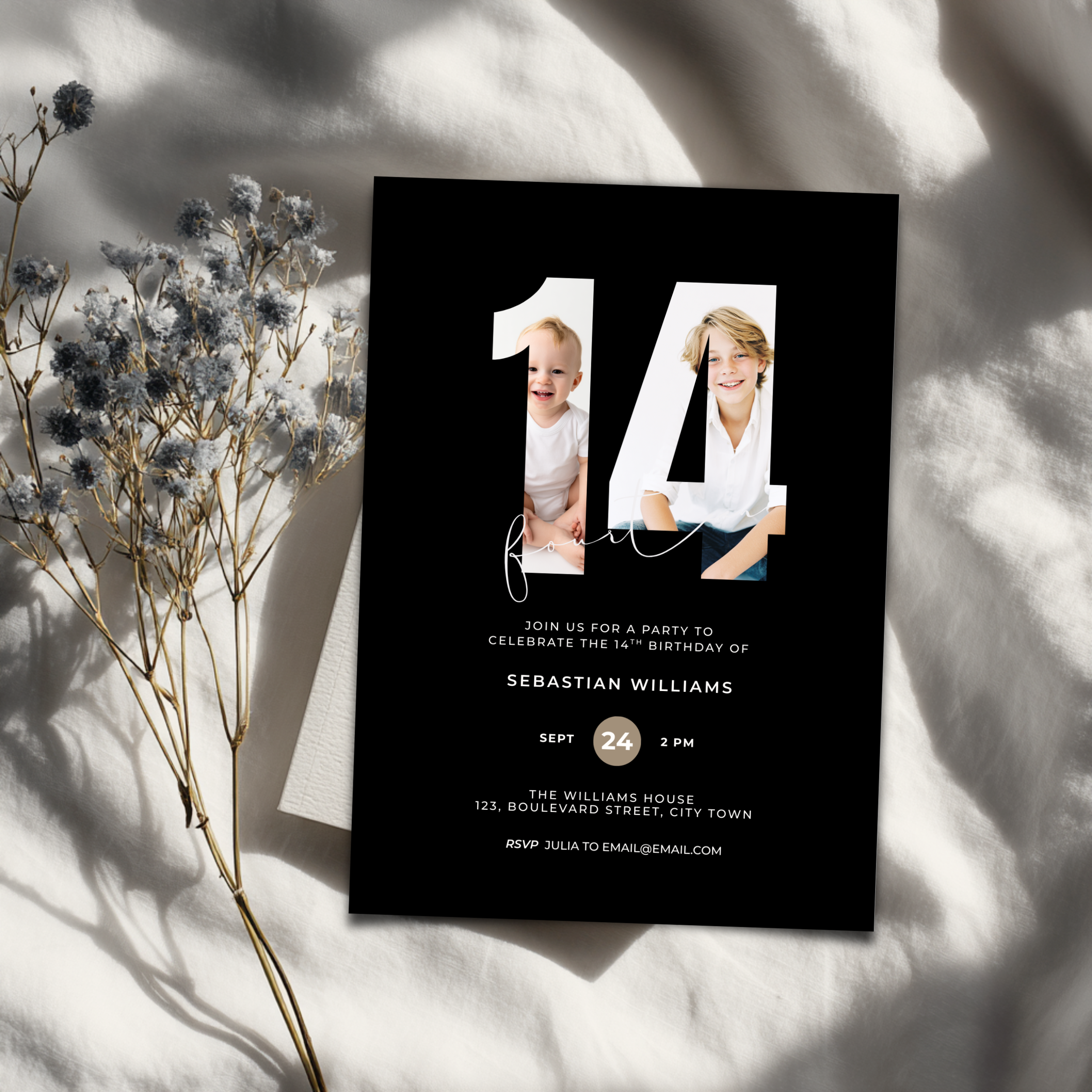 Minimal Black 14th Birthday Invitation Photo for Boys