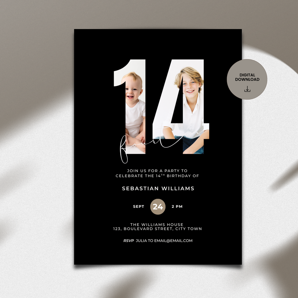 Minimal Black 14th Birthday Invitation Photo for Boys