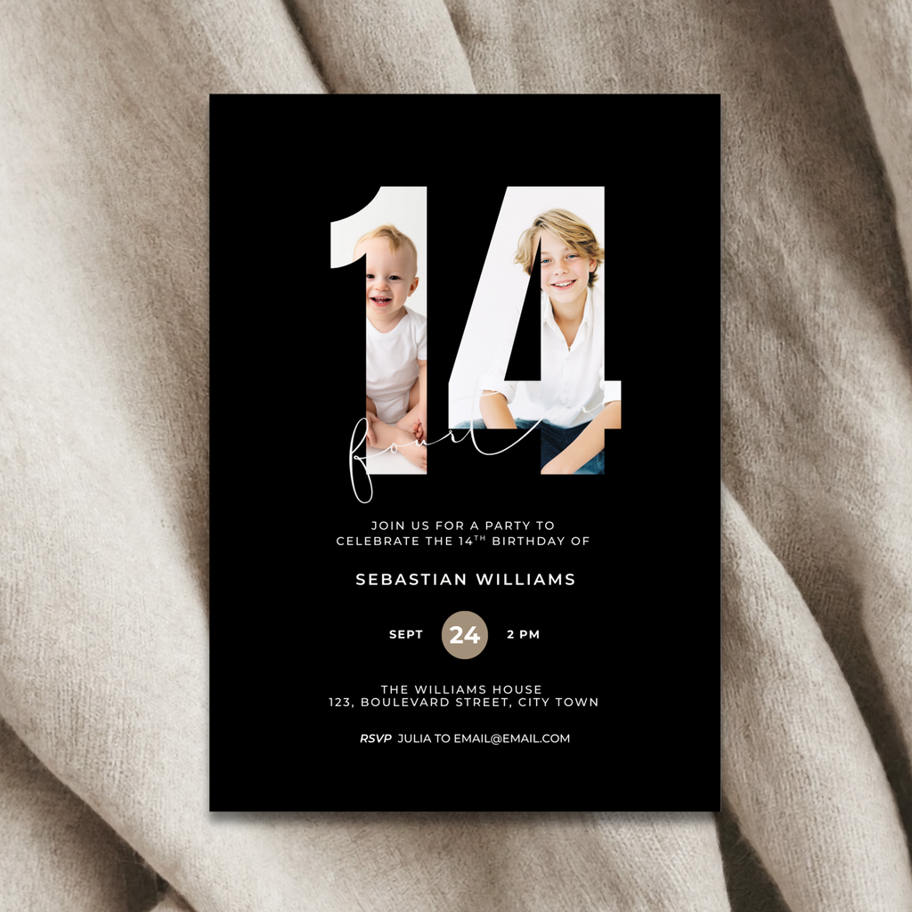 Minimal Black 14th Birthday Invitation Photo for Boys