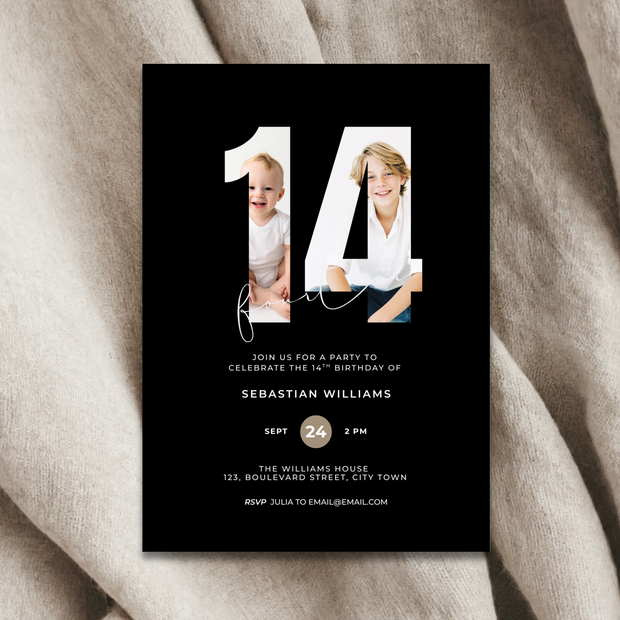 Minimal Black 14th Birthday Invitation Photo for Boys