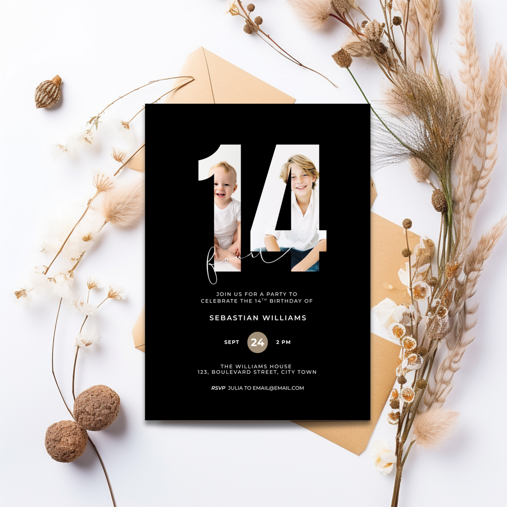 Minimal Black 14th Birthday Invitation Photo for Boys