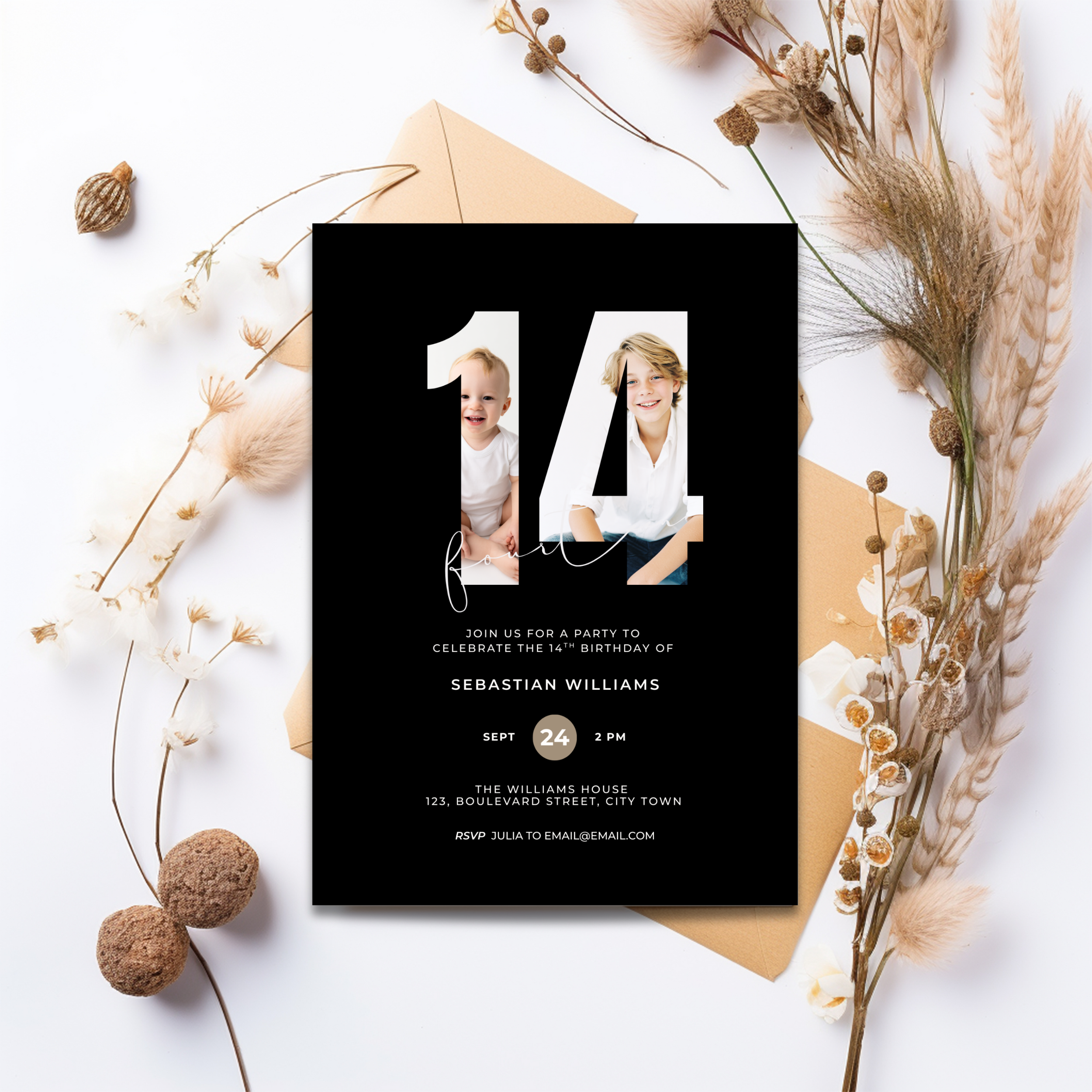Minimal Black 14th Birthday Invitation Photo for Boys