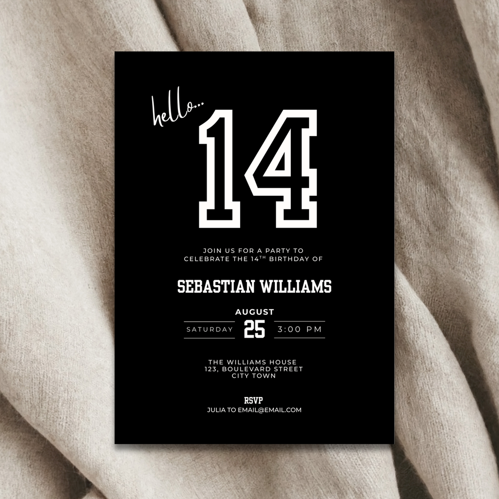 Minimal Sports Black 14th Birthday Invitation for Boys