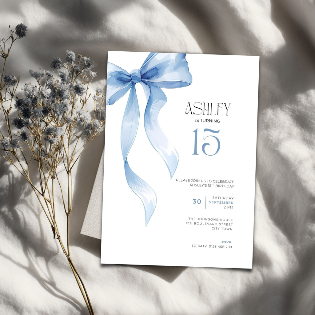Blue Bow 15th Birthday Invitation Template Girls