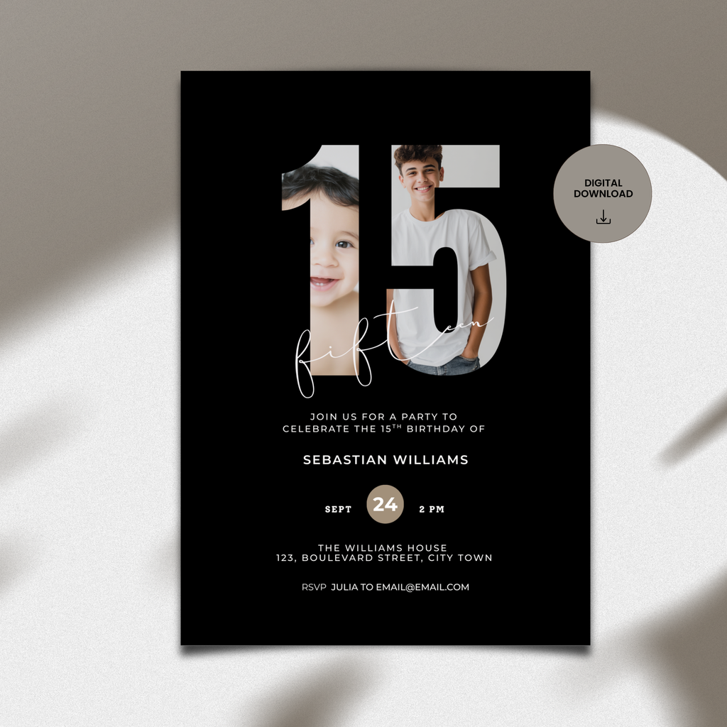 Black 15th Birthday Invitation Photo Template for Boys