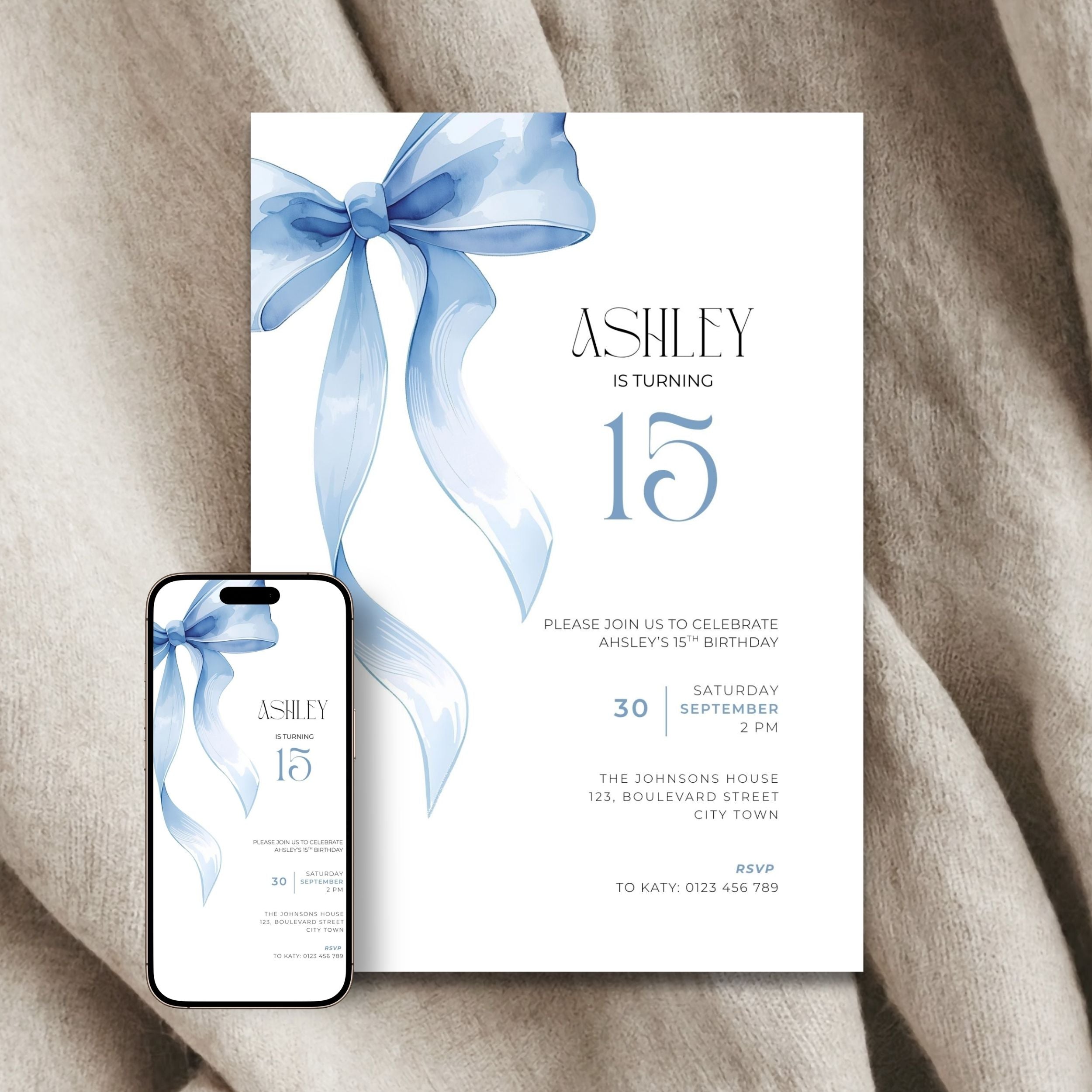 Blue Bow 15th Birthday Invitation Template Girls