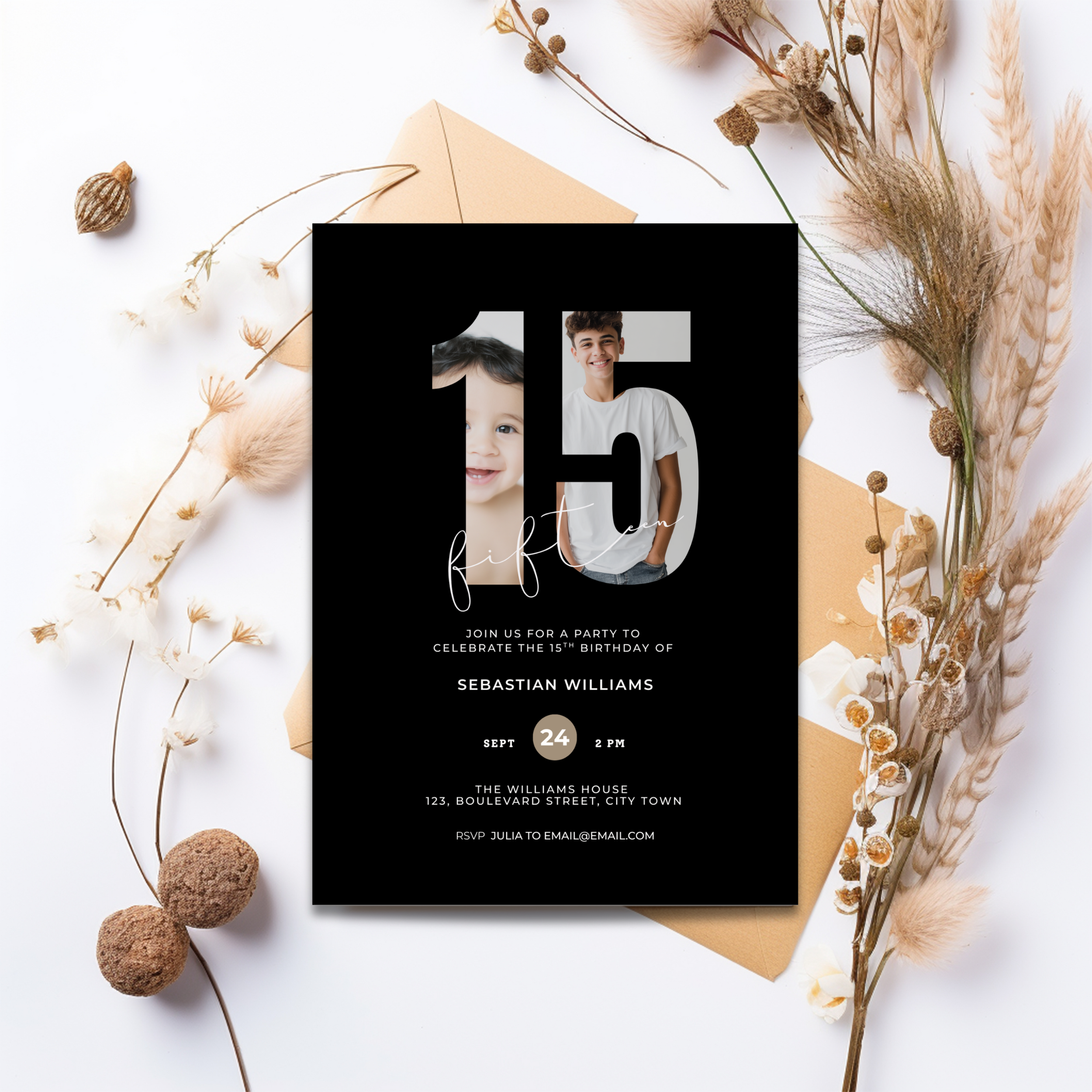 Black 15th Birthday Invitation Photo for Boys