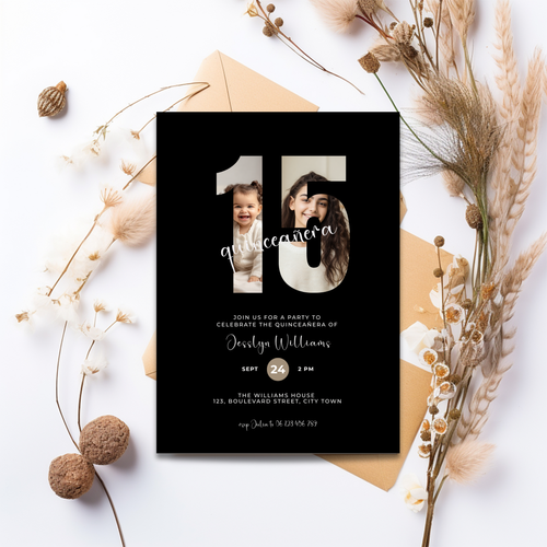 Black Photo Quinceañera Invitation for Girls