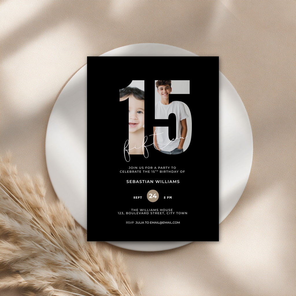 Black 15th Birthday Invitation Photo Template for Boys