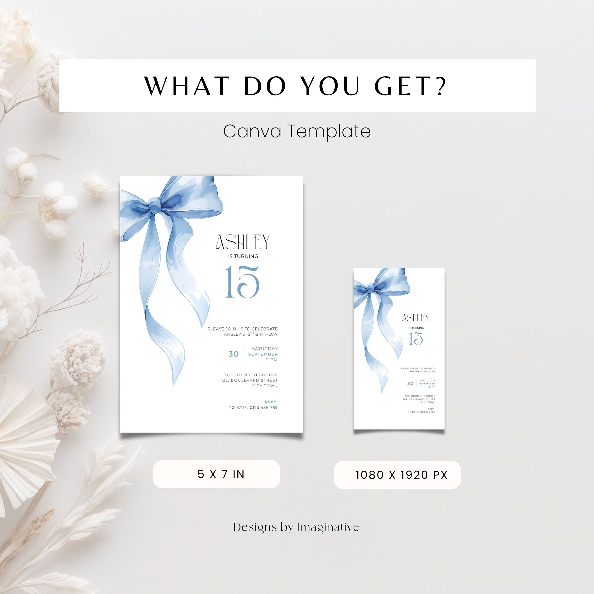 Blue Bow 15th Birthday Invitation Template Girls