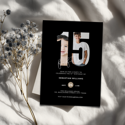 Black 15th Birthday Invitation Photo Template for Boys