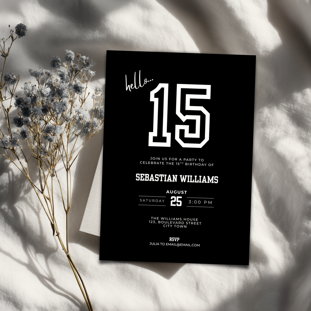 Black 15th birthday invitation card with white text on a light background