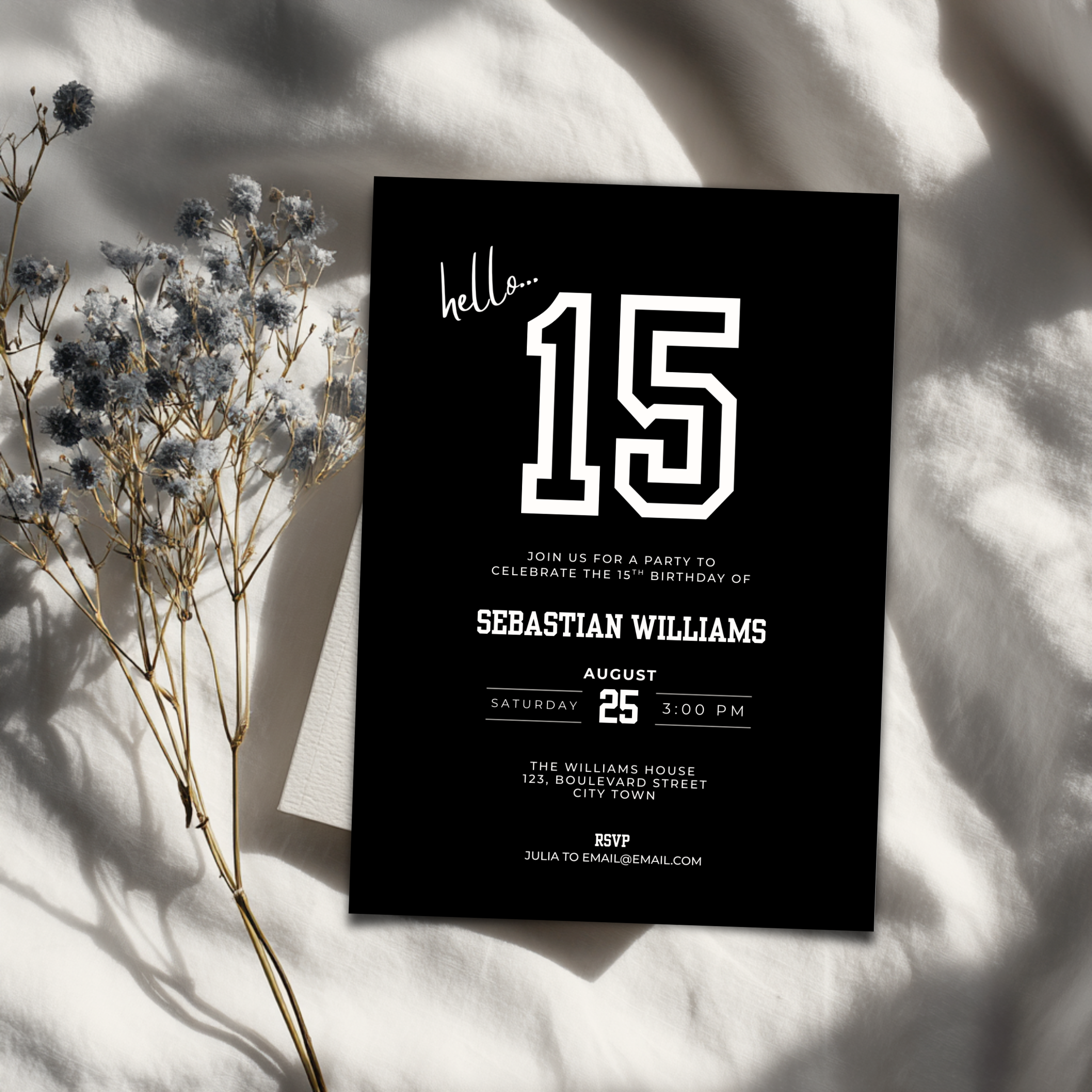 Black 15th birthday invitation card with white text on a light background