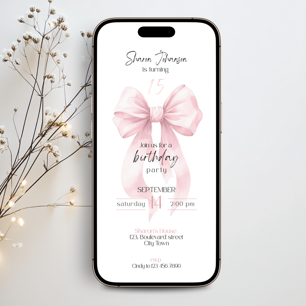 15th birthday invitation template preview, editable in Canva, pink bow theme