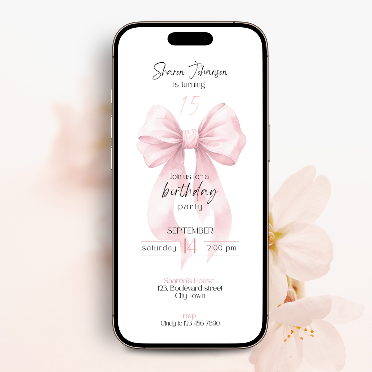 15th birthday invitation template preview, editable in Canva, pink bow theme