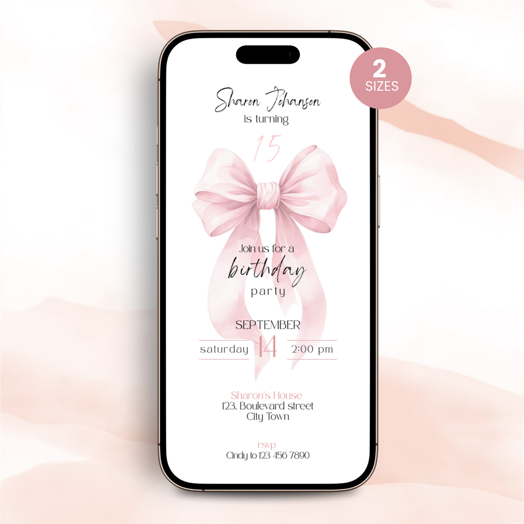 Pink Bow Sweet 15th Birthday Invitation Template Girls