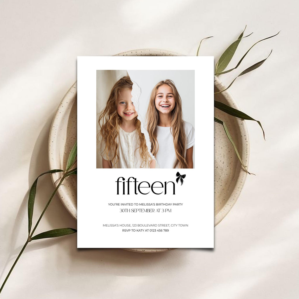 15th Birthday invitation photo  template card with two smiling girls on a white background