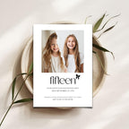 15th Birthday invitation photo  template card with two smiling girls on a white background