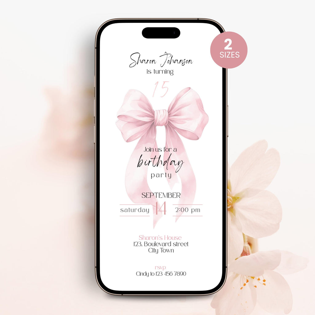 Phone screen displaying a 15th birthday party invitation with a pink bow on a light background