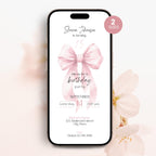 Phone screen displaying a 15th birthday party invitation with a pink bow on a light background
