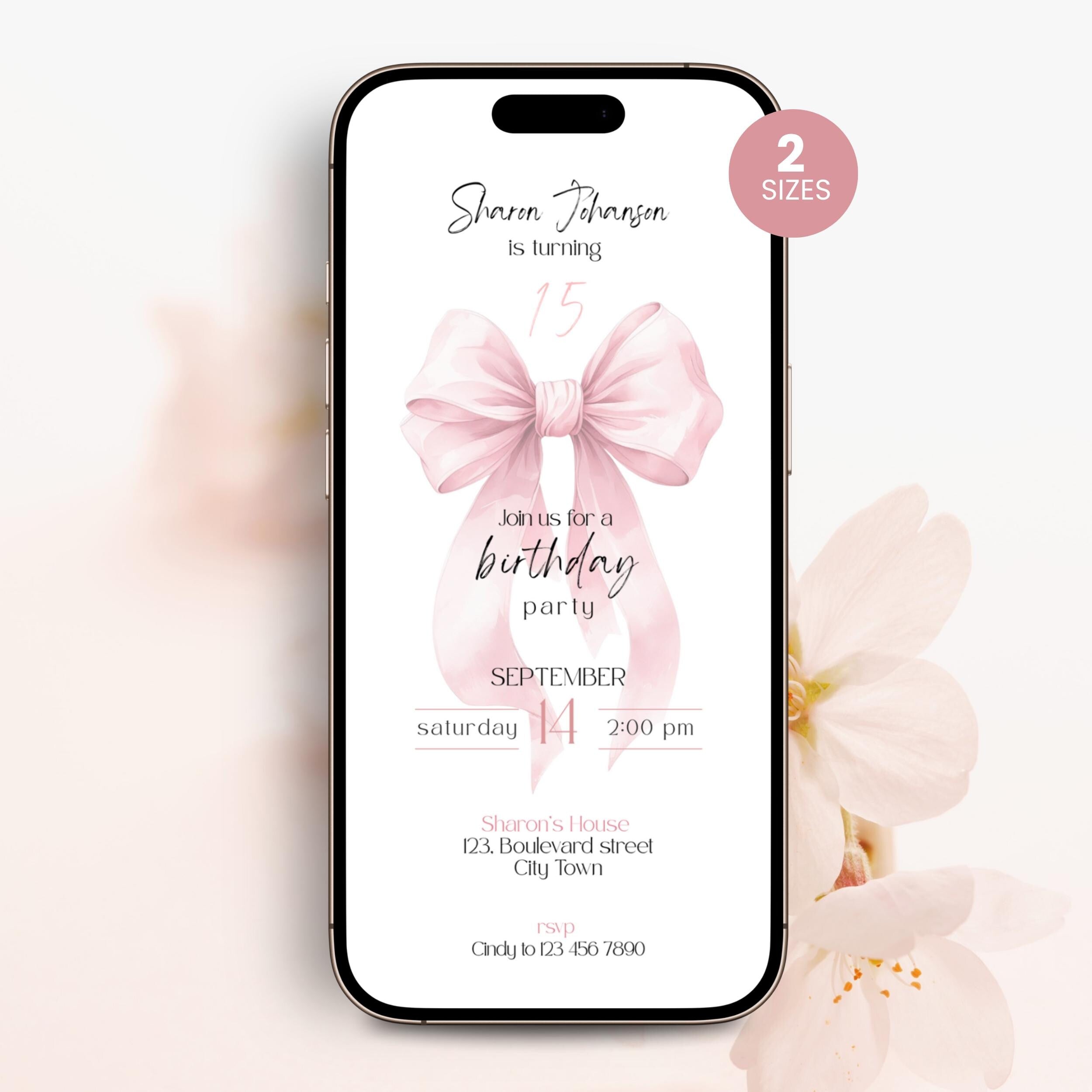 Phone screen displaying a 15th birthday party invitation with a pink bow on a light background