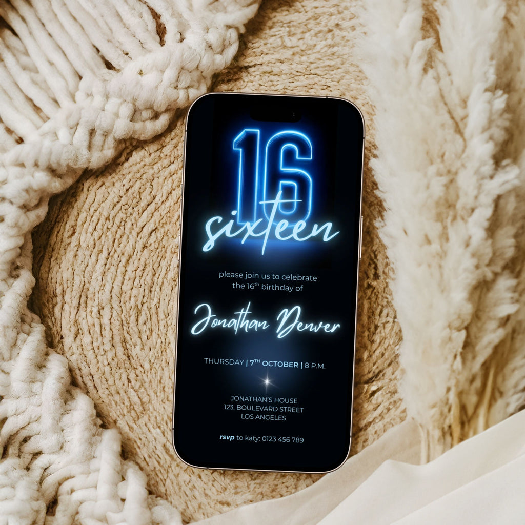 Blue Neon Glow 16th Birthday Invitation Template Boys