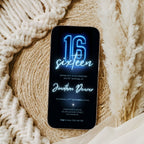Blue Neon Glow 16th Birthday Invitation Template Boys