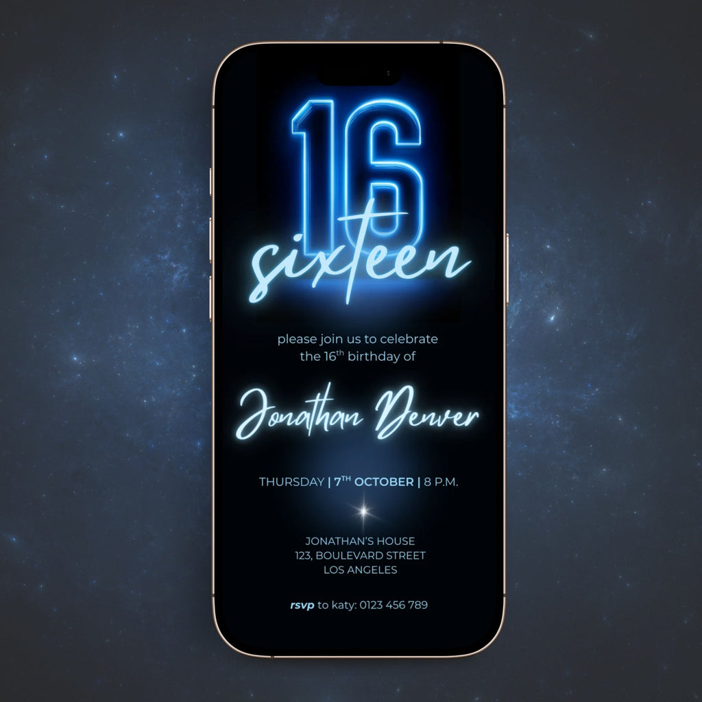 Blue Neon Glow 16th Birthday Invitation Template Boys