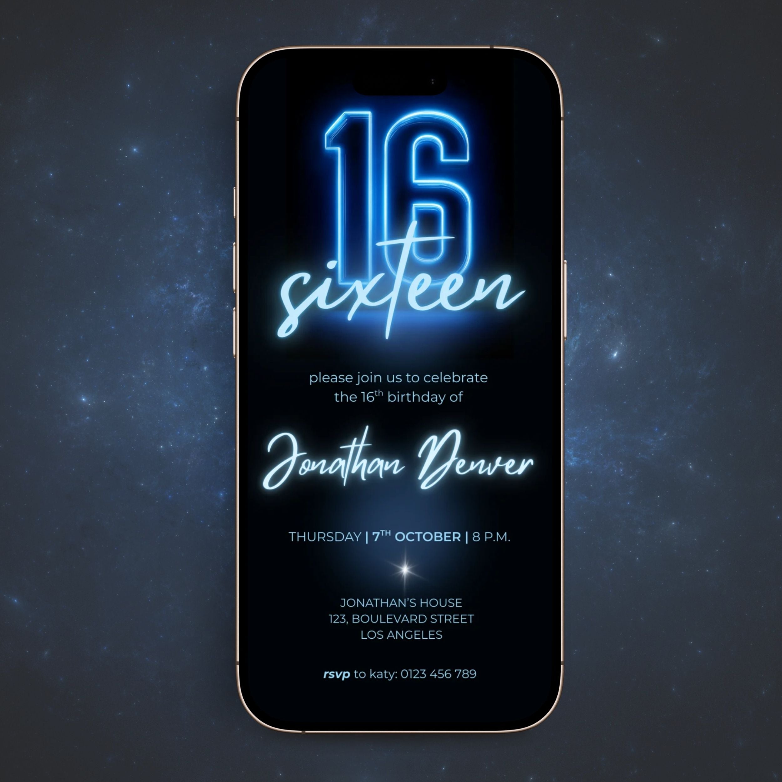 Blue Neon Glow 16th Birthday Invitation Template Boys