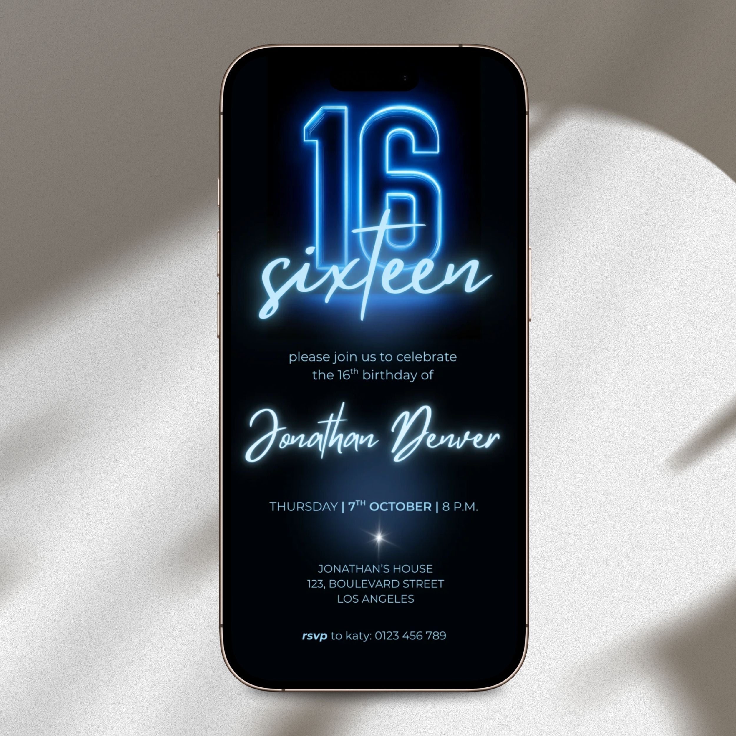 Blue Neon Glow 16th Birthday Invitation Template Boys