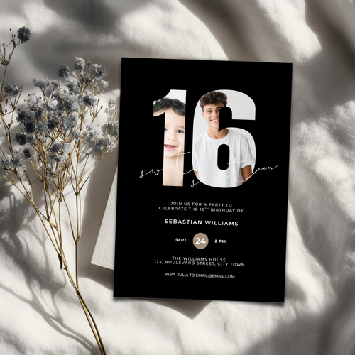 Black sweet 16th  birthday invitation card with two photos of a boy and the number 16, placed on a textured surface with dried flowers.