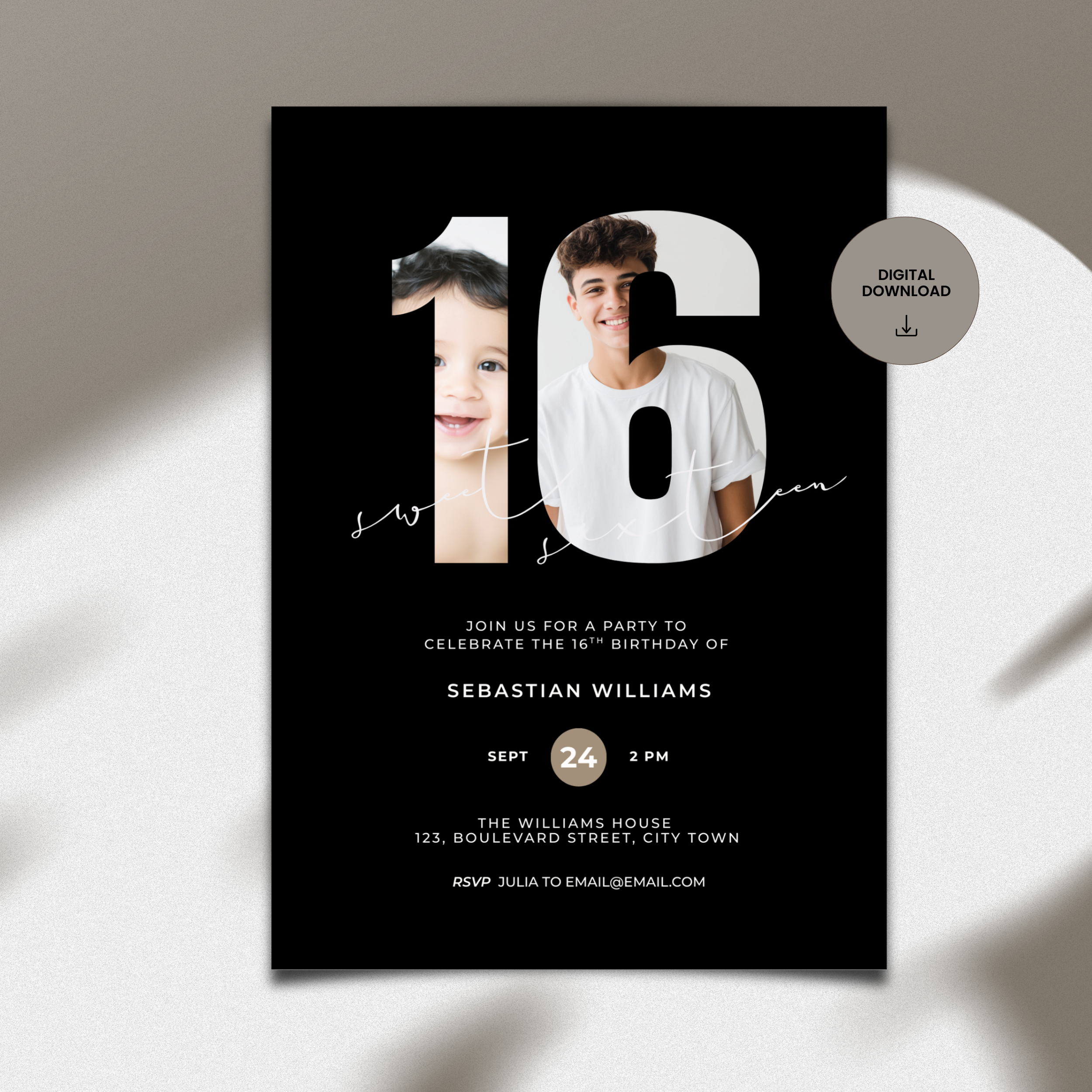 Black Photo 16th Birthday Invitation for Boys