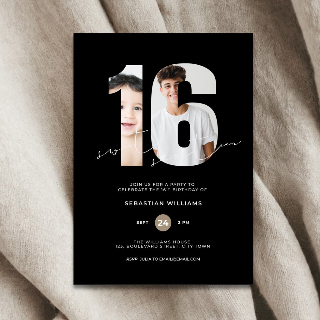 Black Photo Sweet 16th Birthday Invitation for Boys