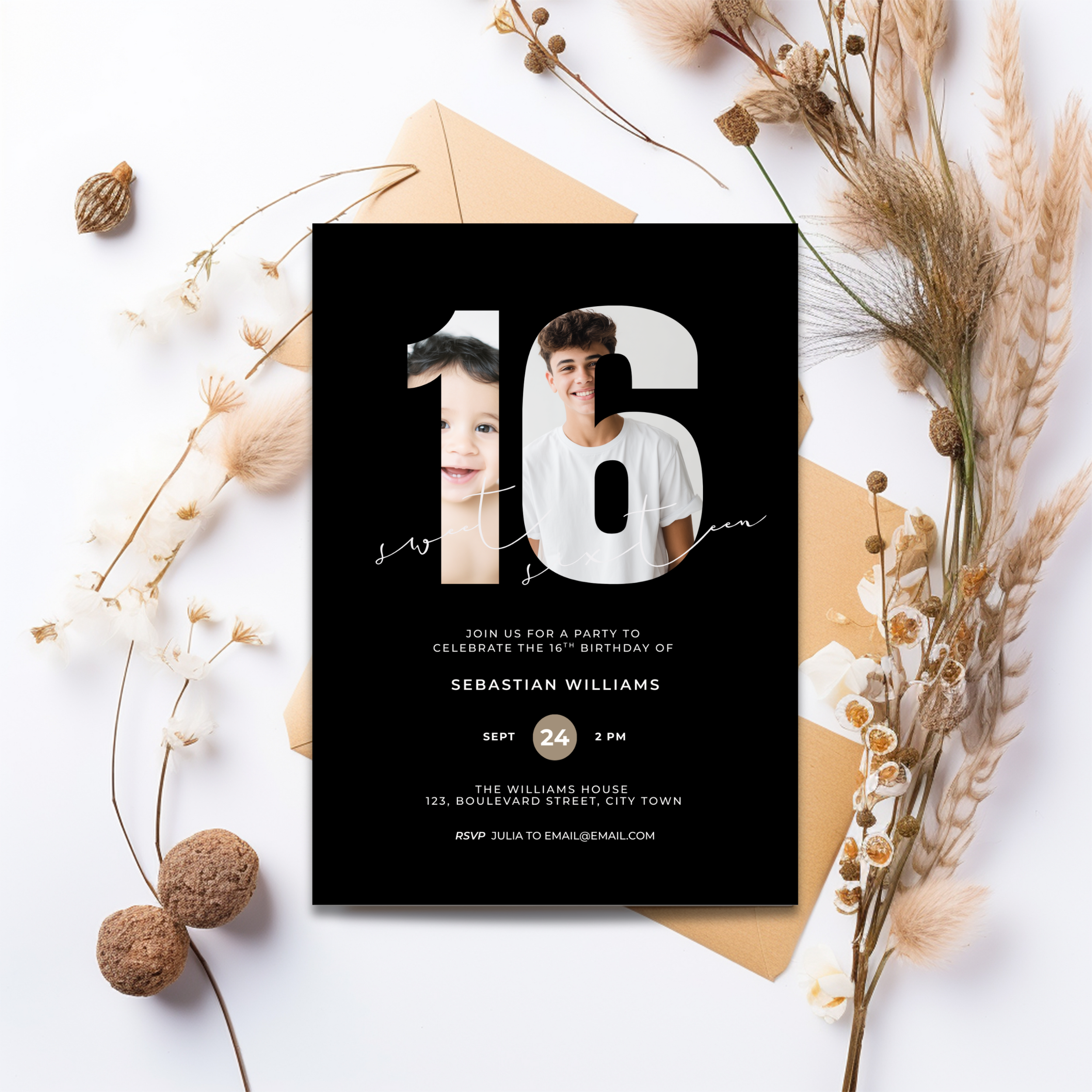 Black Photo 16th Birthday Invitation for Boys
