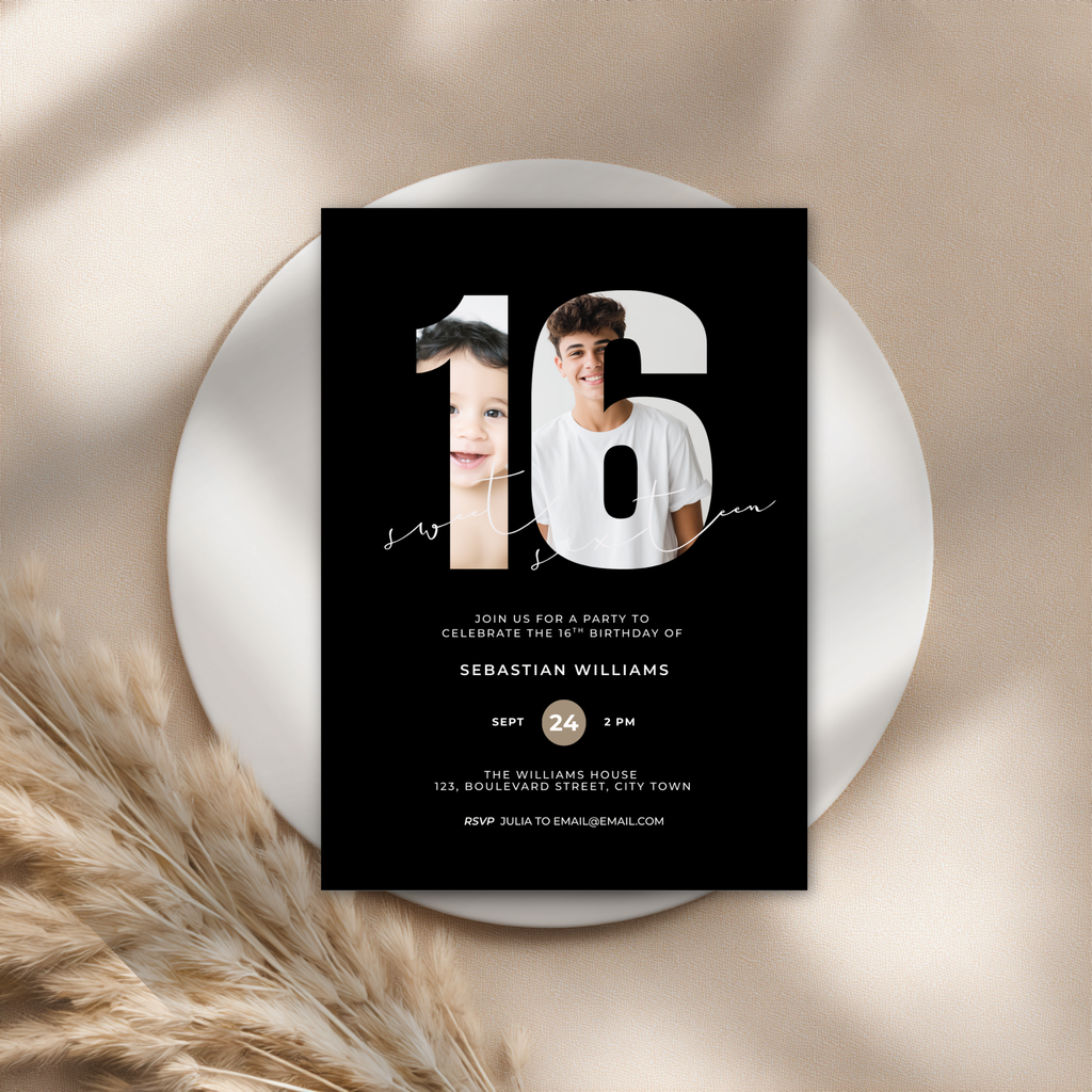 Black Photo Sweet 16th Birthday Invitation for Boys