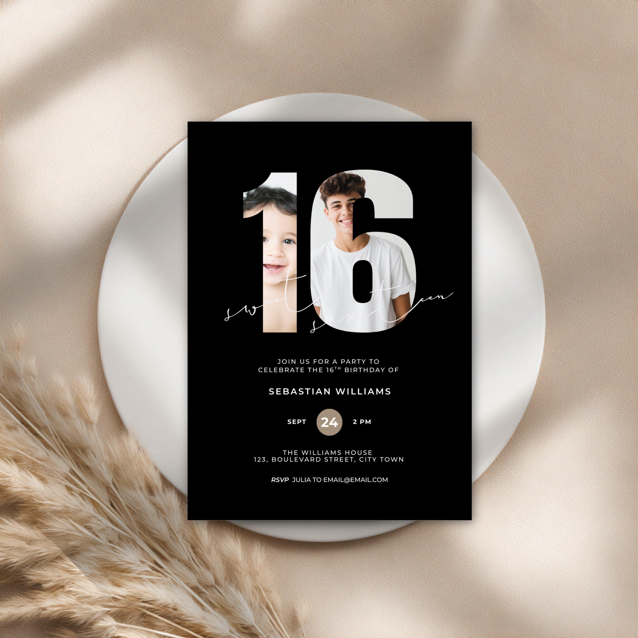 Black Photo 16th Birthday Invitation for Boys