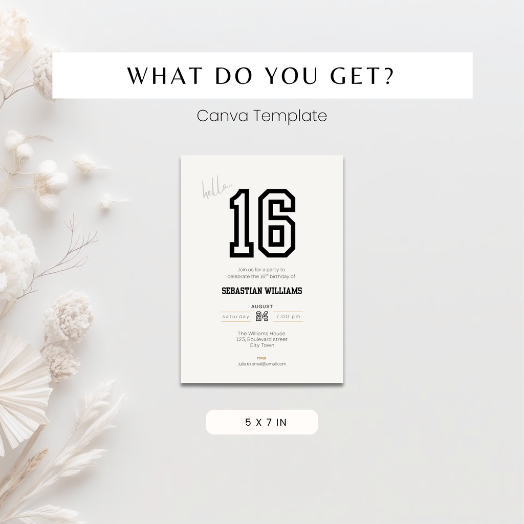 Minimalist Black and White Sweet 16th Birthday Invitation