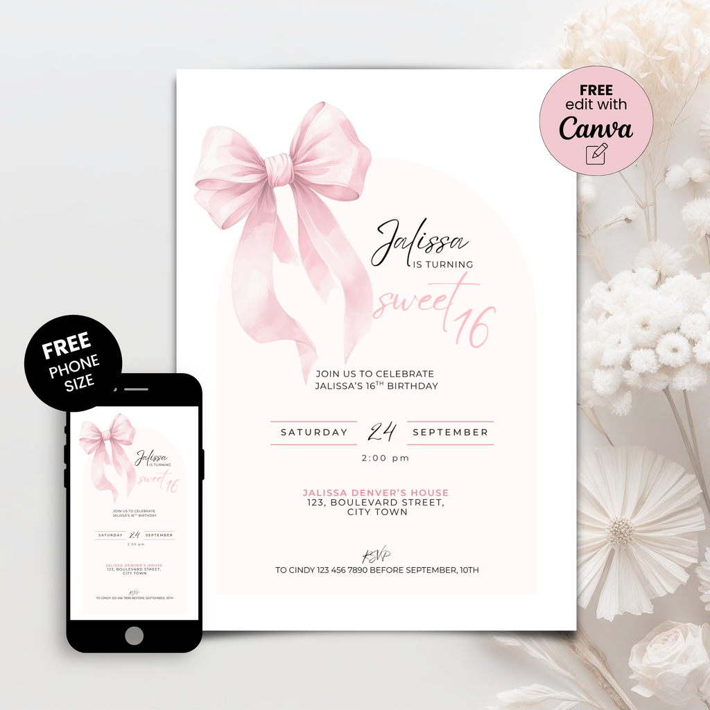 Pink Bow Sweet 16th Birthday Invitation Girls